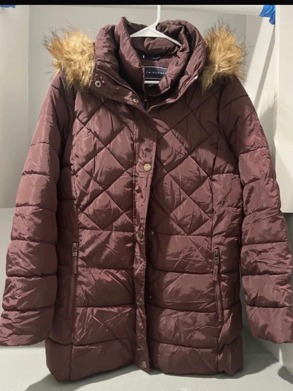 Tommy Hilfiger Quilted Mauve Puffer Coat with Faux Fur Trim